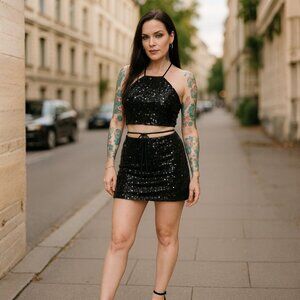 HYFVE Black Sequin Halter Crop Top & Mini Skirt Set w/ Lace-Up – Size L NWT